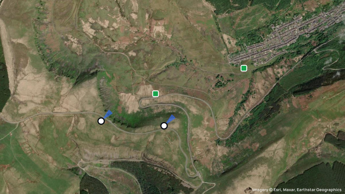 Satellite map of Cwm-parc with its launches and landings