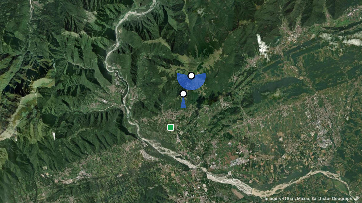 Satellite map of Monte Cesen with its launches and landings