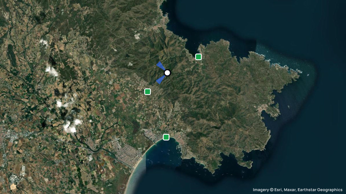 Satellite map of St. Pere du Rodes with its launches and landings