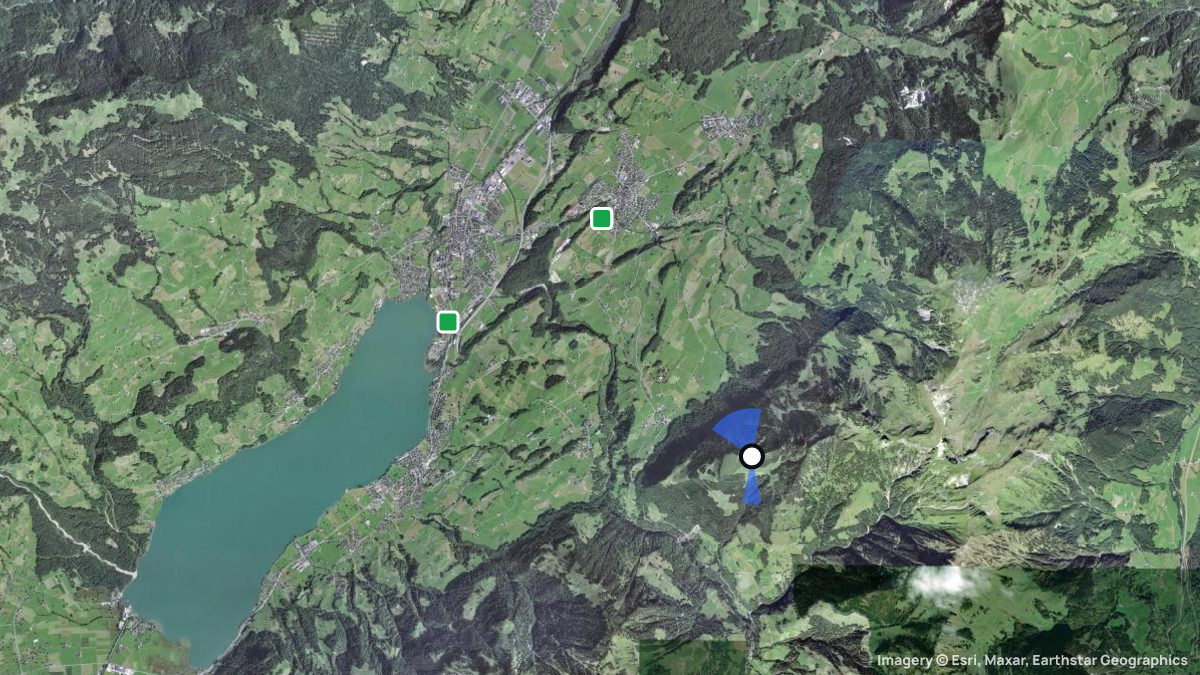 Satellitenkarte von Linderenalp mit Start- und Landeplätzen