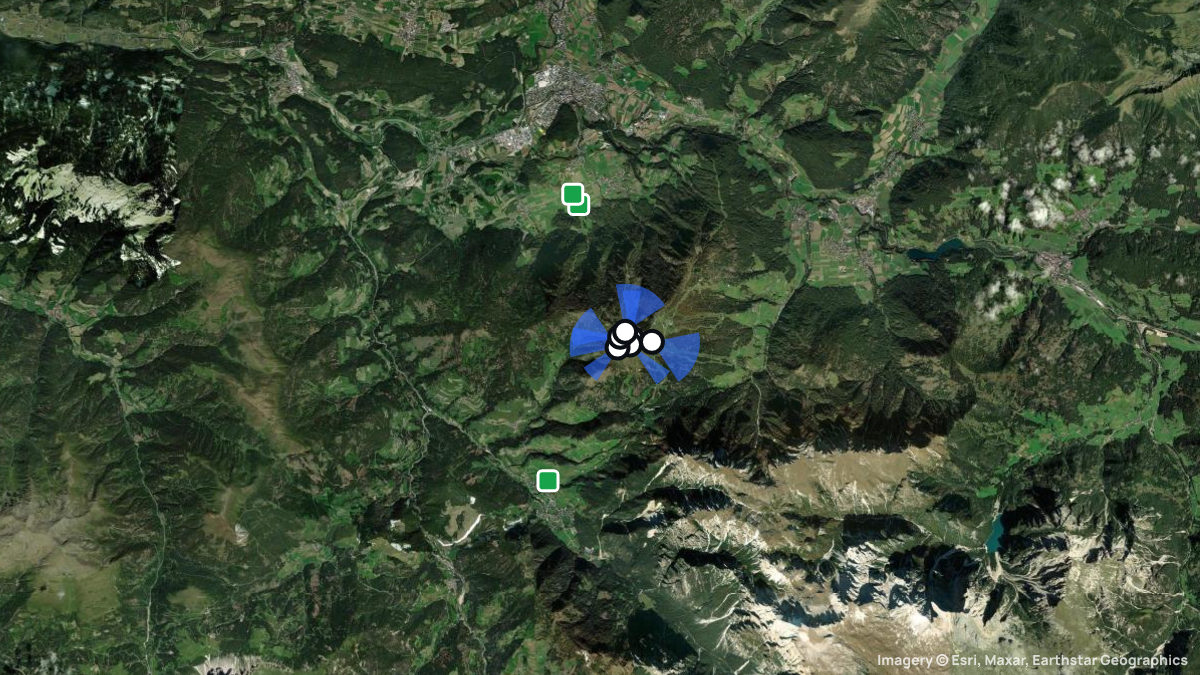 Satellitenkarte von Kronplatz mit Start- und Landeplätzen