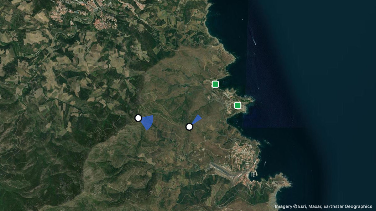 Satellite map of Cerbere with its launches and landings