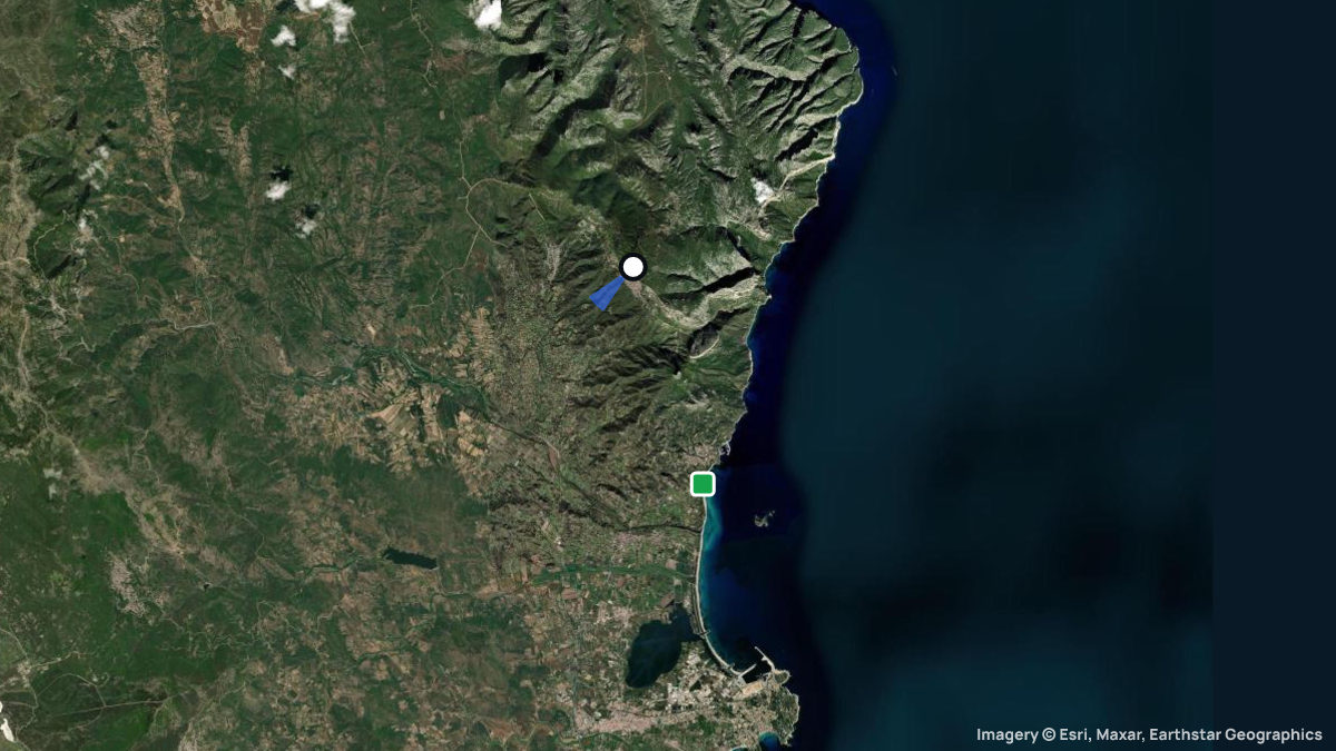 Satellite map of Baunei with its launches and landings
