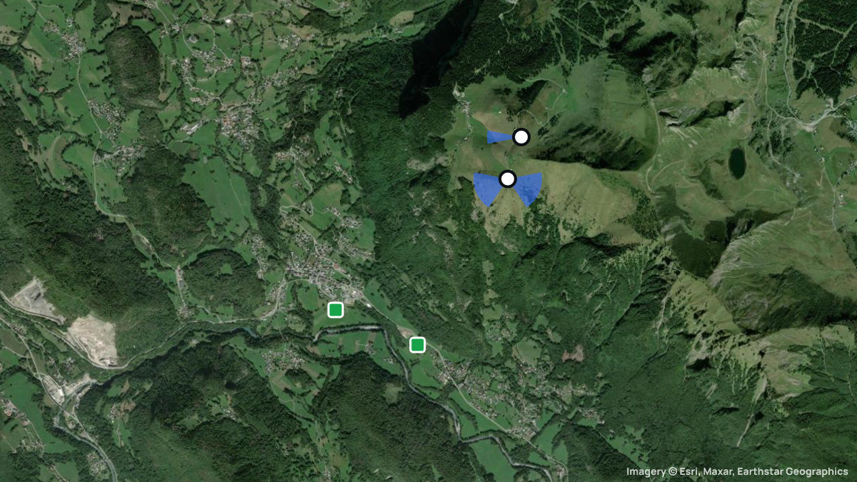 Satellite map of Mieussy with its launches and landings