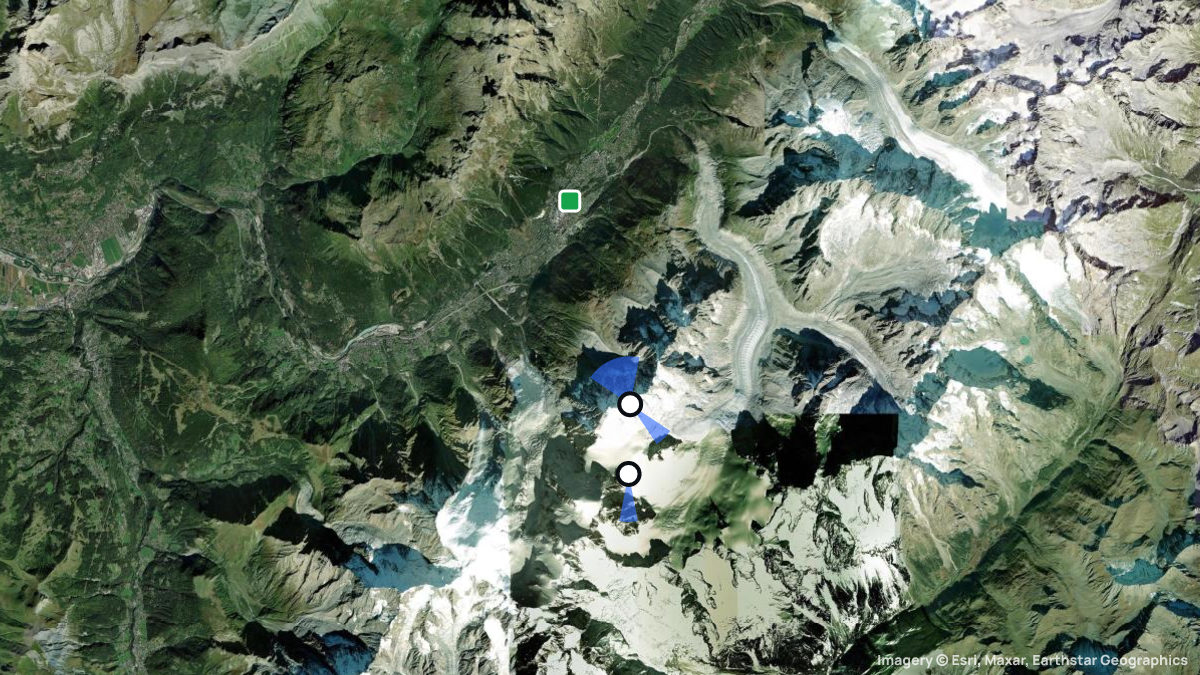 Satellite map of Aiguille Du Midi with its launches and landings