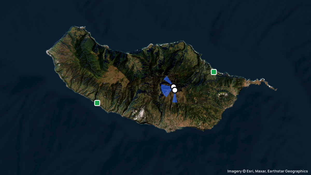 Satellite map of Pico do Arreeiro Sul with its launches and landings