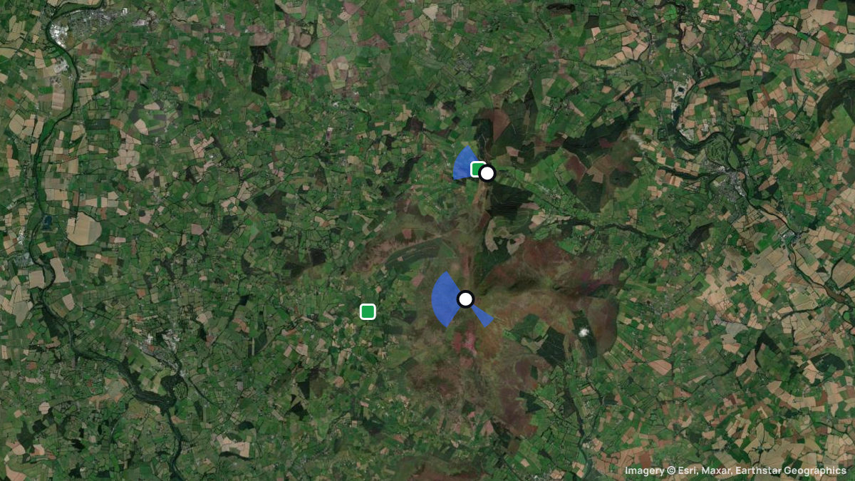 Satellite map of Mount Leinster with its launches and landings
