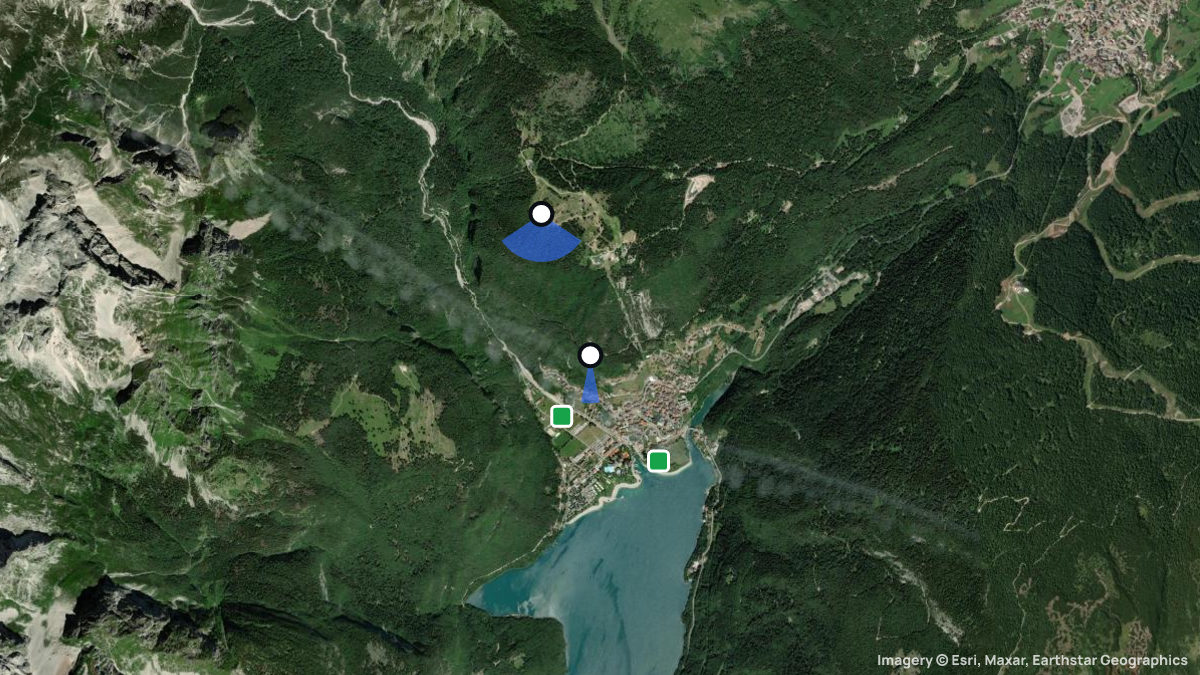 Satellite map of Molveno with its launches and landings