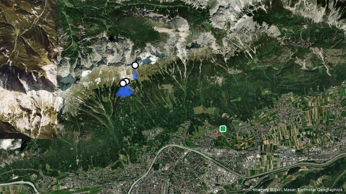 Satellitenkarte von Nordkette - Seegrube mit Start- und Landeplätzen