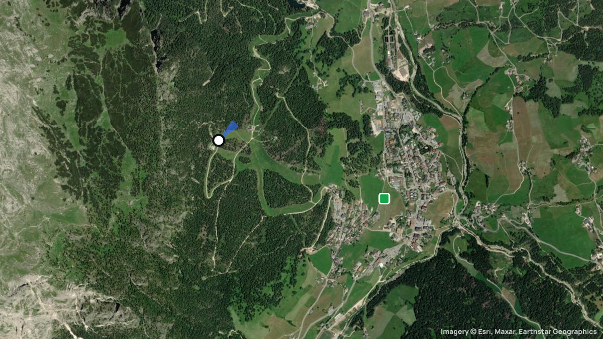 Satellite map of Piz la Villa with its launches and landings