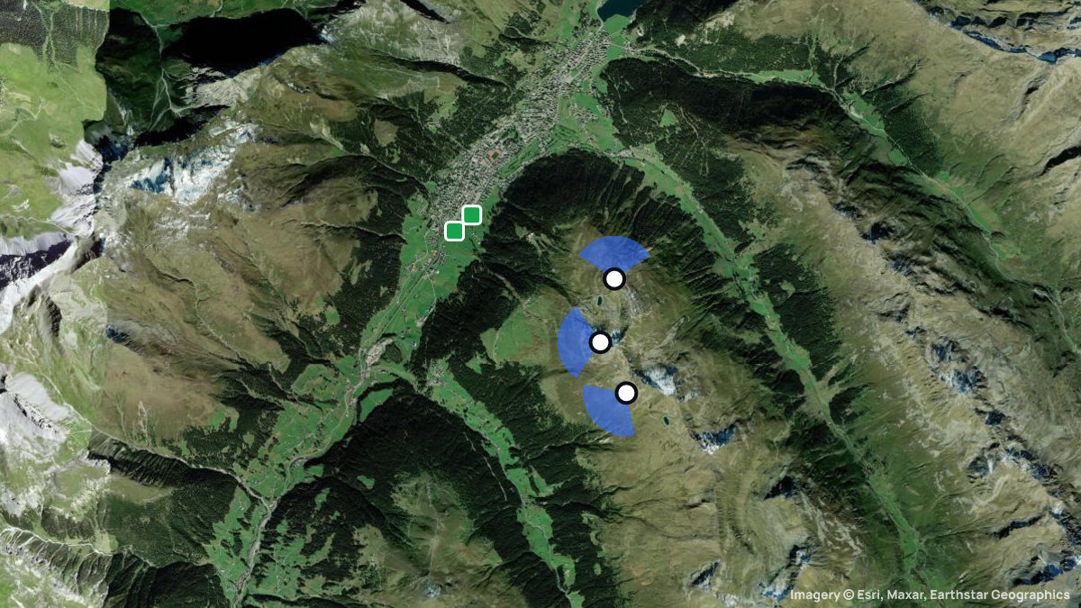 Satellitenkarte von Jakobshorn mit Start- und Landeplätzen