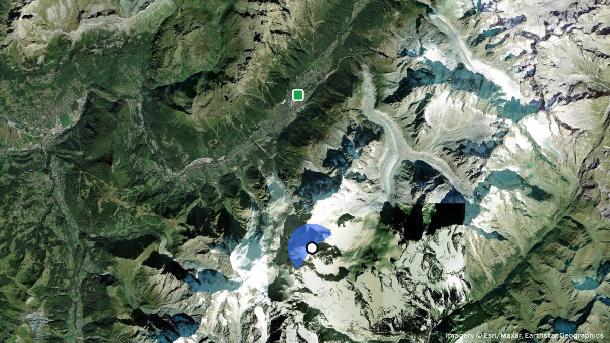 Satellite map of Mont Blanc du Tacul with its launches and landings