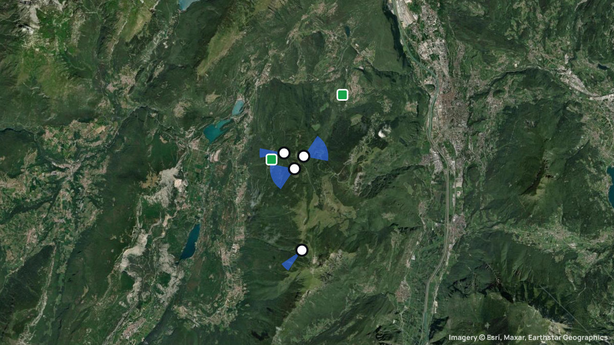 Satellite map of Monte Bondone with its launches and landings