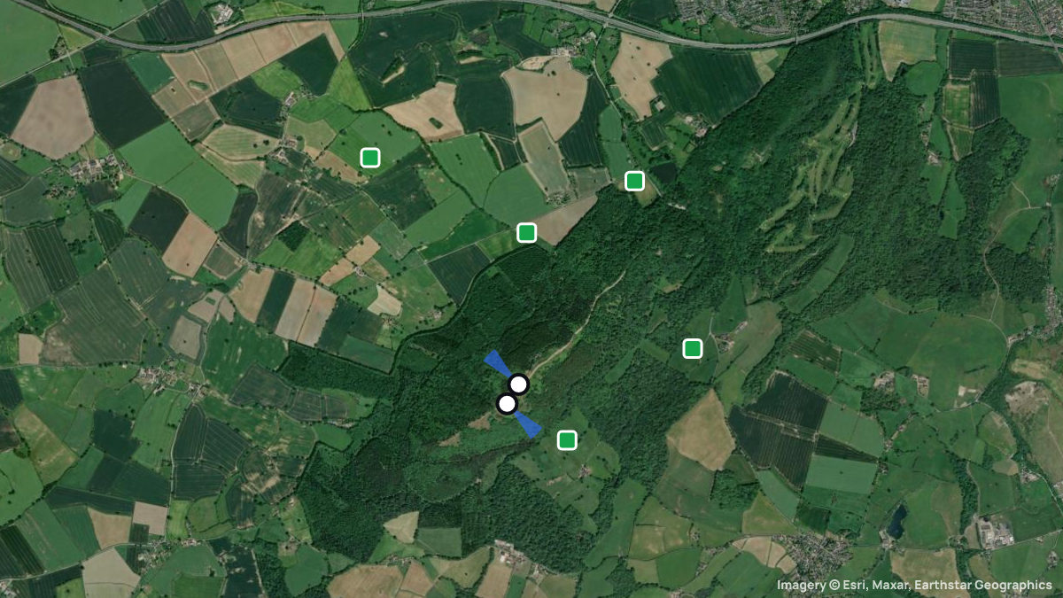 Satellitenkarte von The Wrekin mit Start- und Landeplätzen