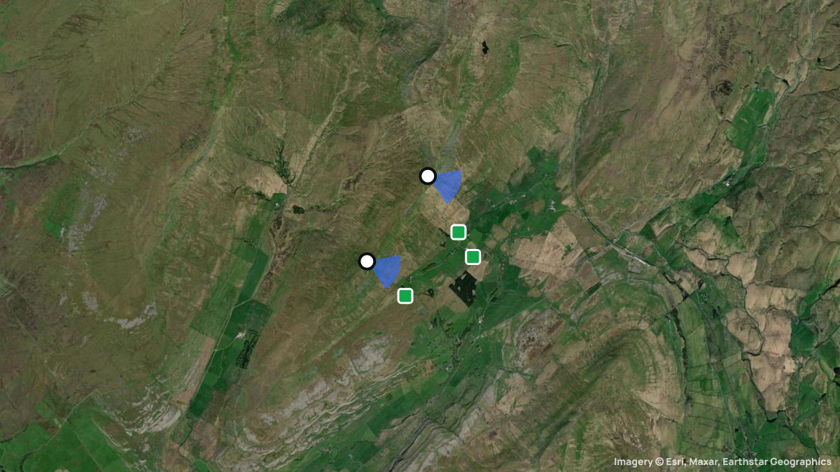 Satellitenkarte von Whernside mit Start- und Landeplätzen