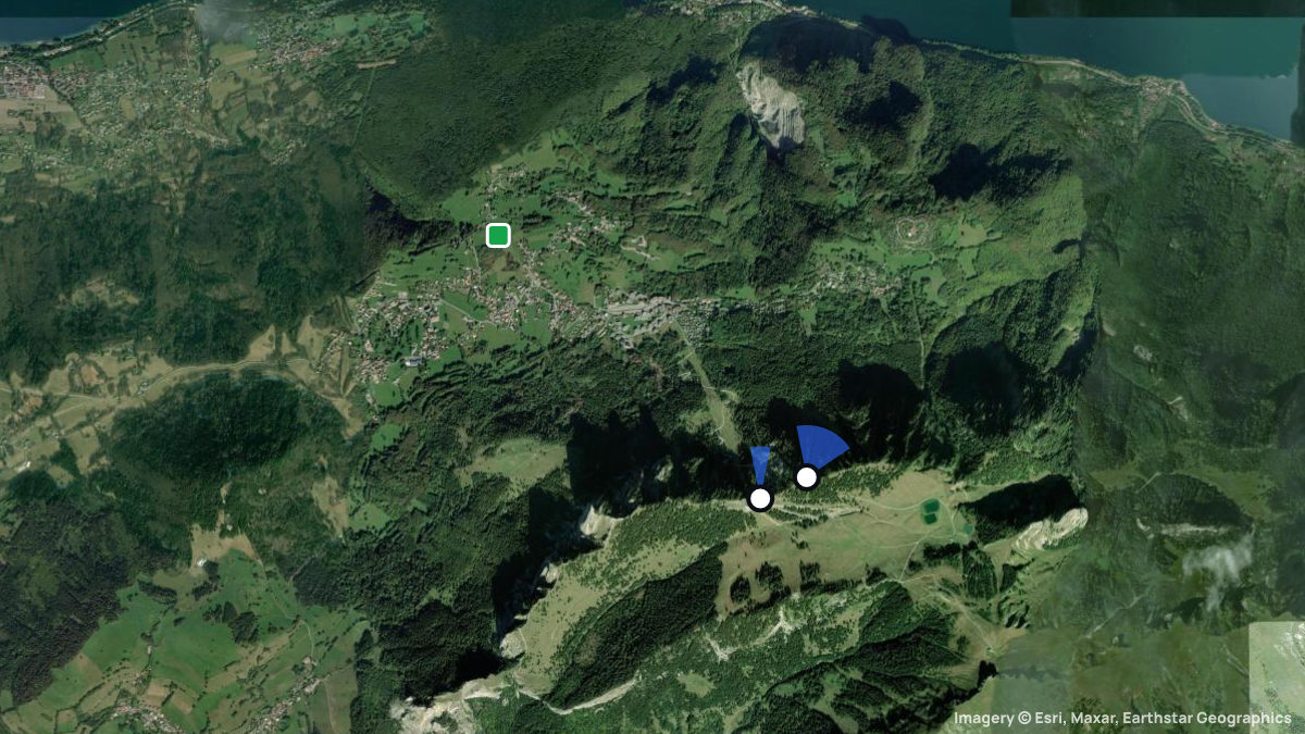 Satellite map of Telecabine des Memises with its launches and landings