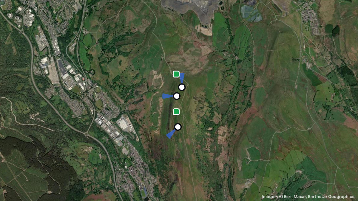 Satellite map of Merthyr with its launches and landings