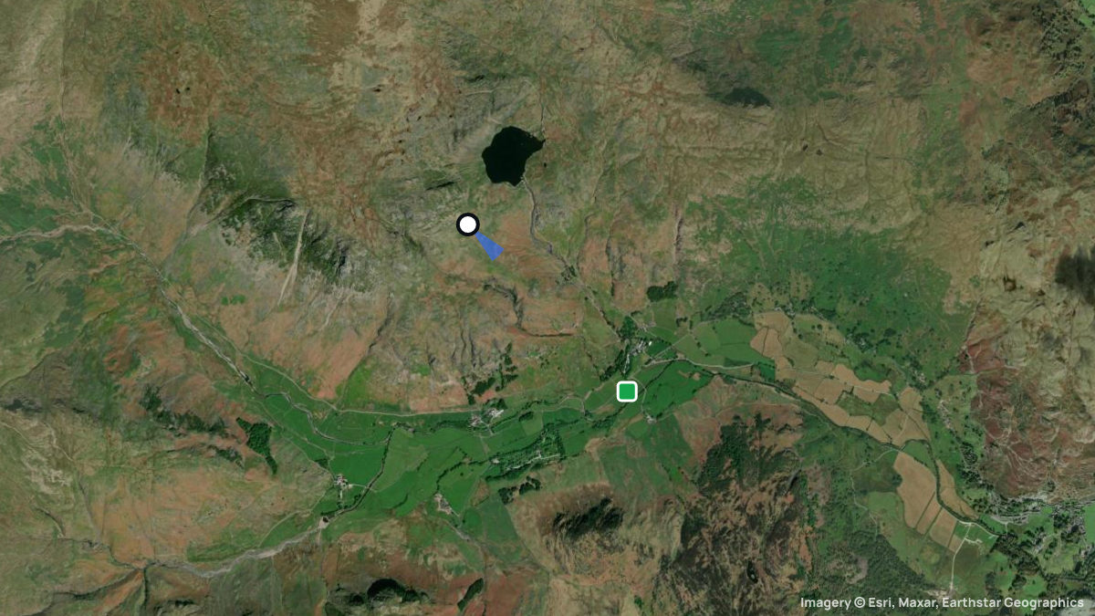 Satellite map of Great Langdale with its launches and landings