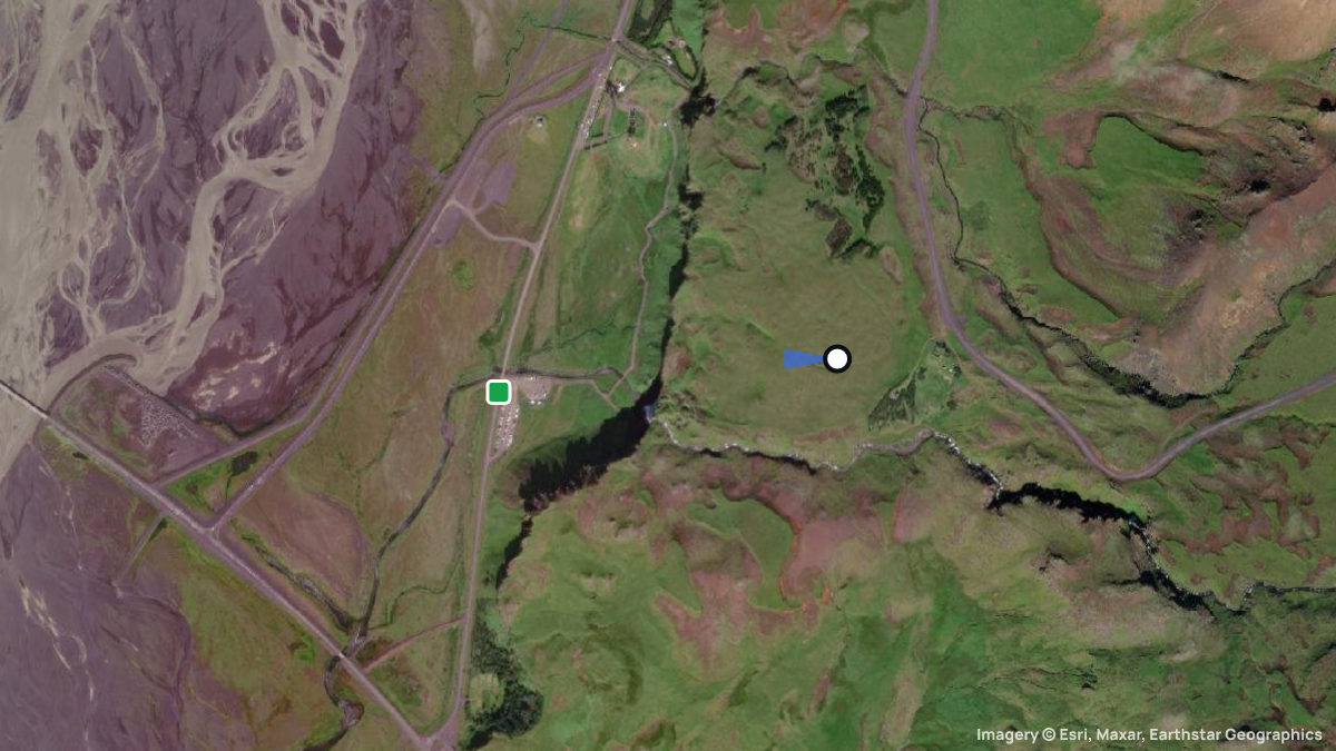 Satellitenkarte von Seljalandsfoss mit Start- und Landeplätzen
