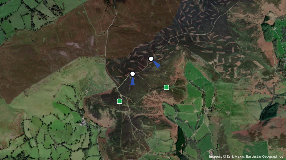 Satellite map of Llantysilio mountain with its launches and landings
