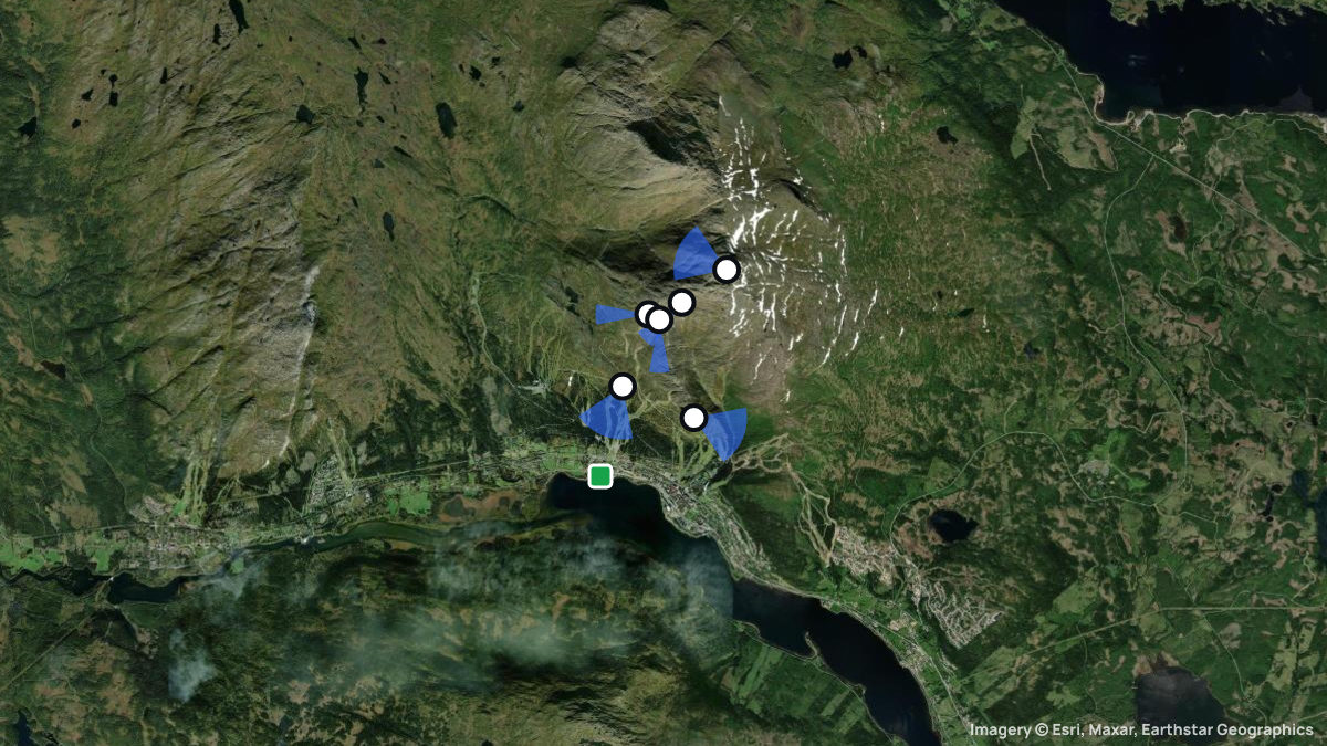 Satellite map of Areskutan with its launches and landings